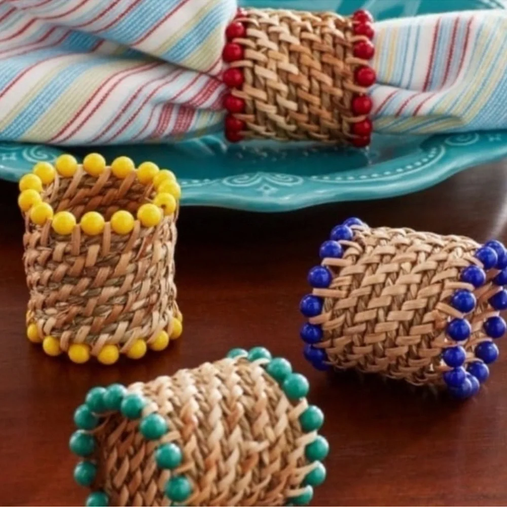 Beaded Rattan Napkin Rings Set of 8 / 2 Boxes Pioneer Woman New boho bohemian